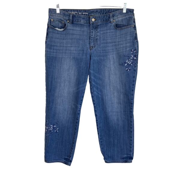 Talbots Sz 16 Flawless Girlfriend Cropped Jeans Floral Embroidered Medium Wash - Picture 2 of 16